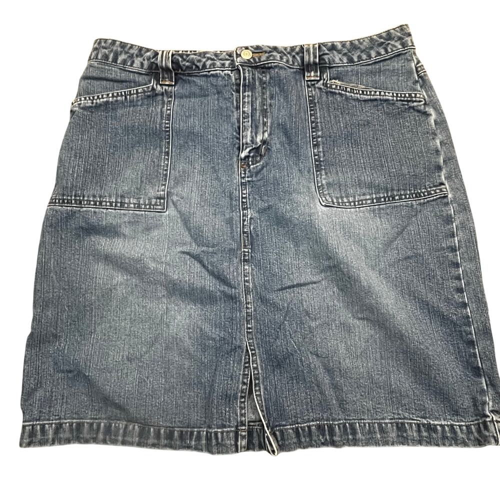 Vintage Old Navy Women Size 16‎ Denim Midi Skirt Blue Jean Front Slit Casual Y2K